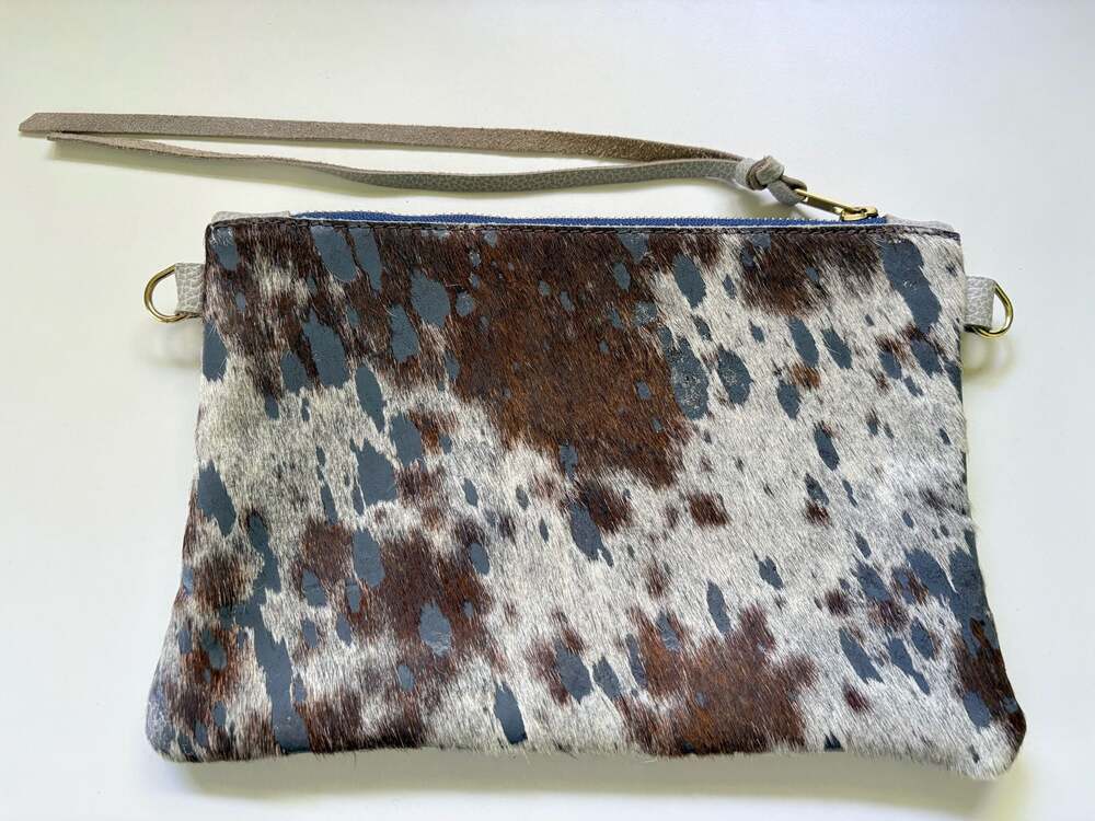 Buxiejo Cowhide and Grey Leather Wristlet Clutch Like New